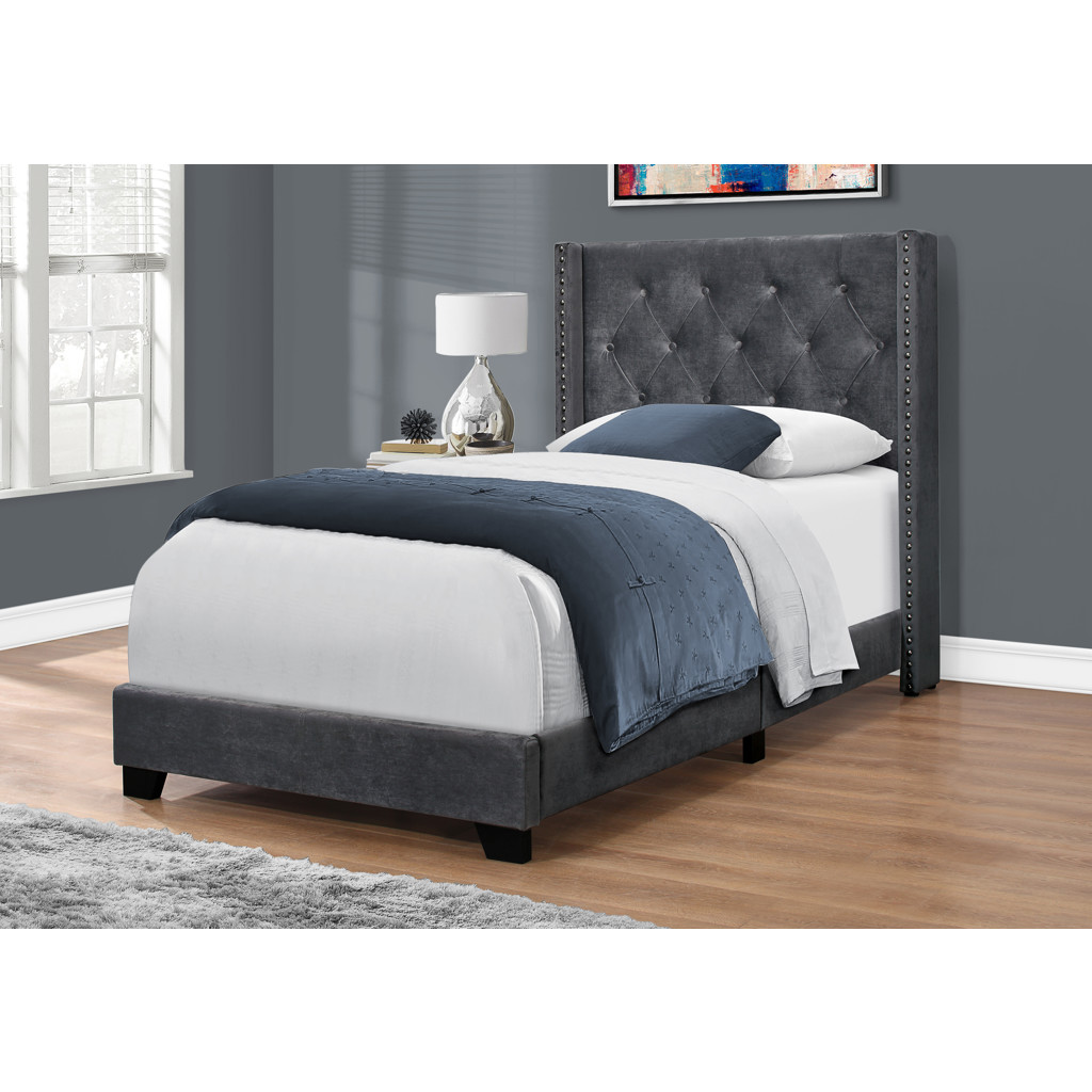 Charcoal Velvet with Chrome Trim Upholstered Bed (Twin/Single)