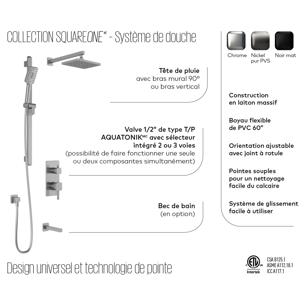 SquareOne thermostatic shower system with T/P AQUATONIK valve with 2-way selector and wall arm - Chrome