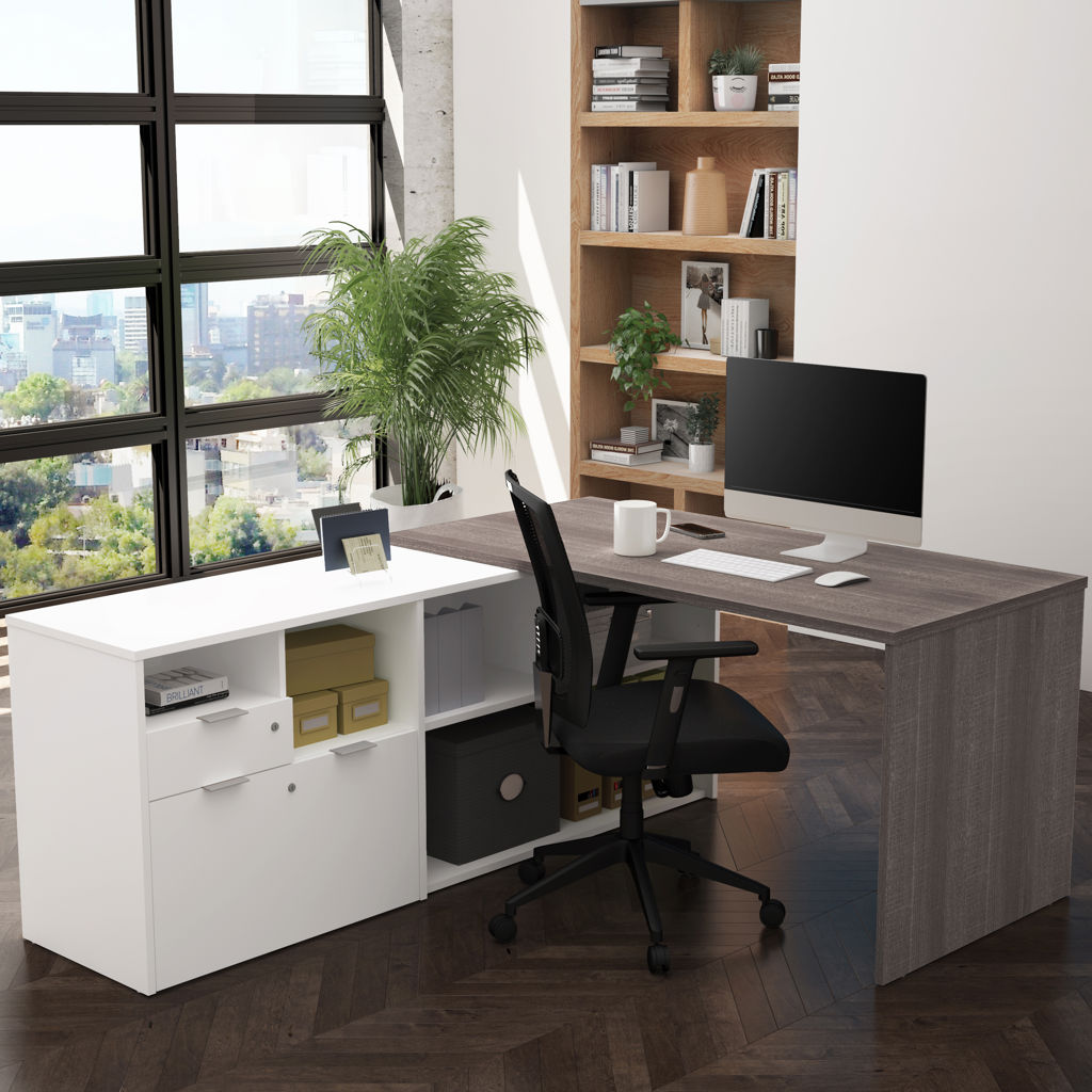 Bureau de travail en L - Gris Écorce et Blanc