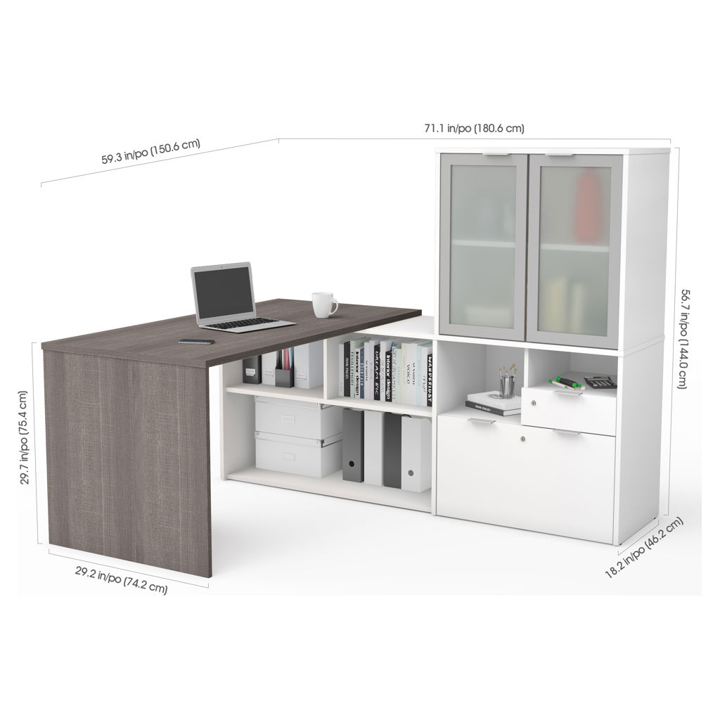 Bureau de travail en L avec huche munie de portes en verre