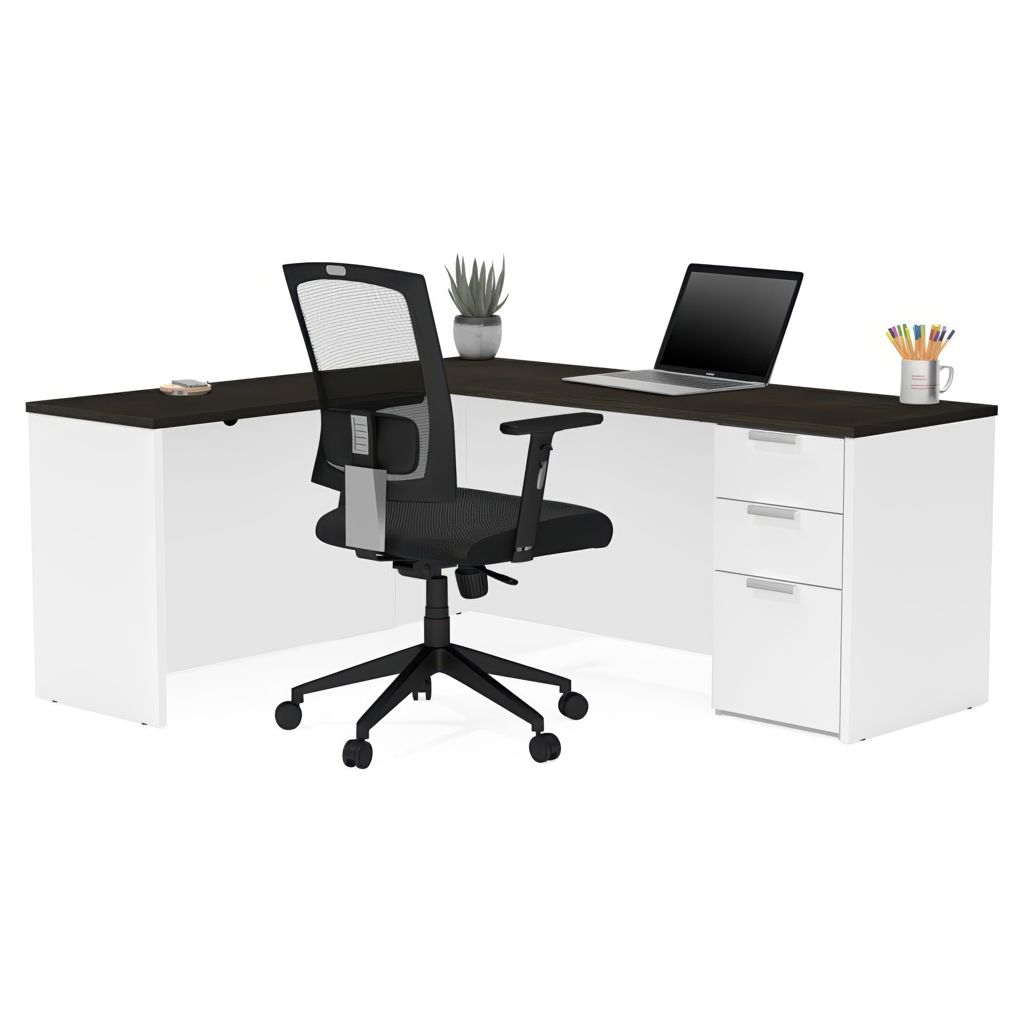 Bureau en L avec caisson - Blanc & gris