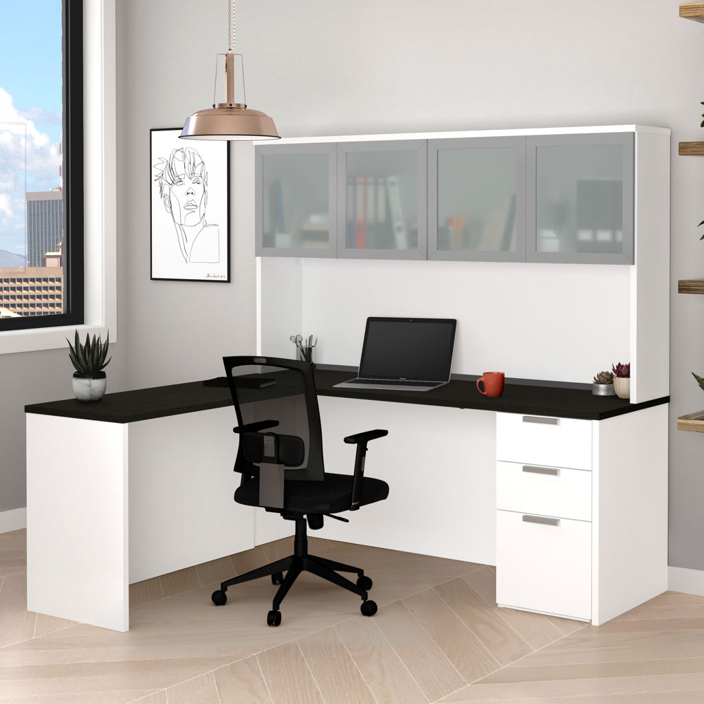 Bureau en L avec caisson et huche munie de portes en verre - Pro-Concept