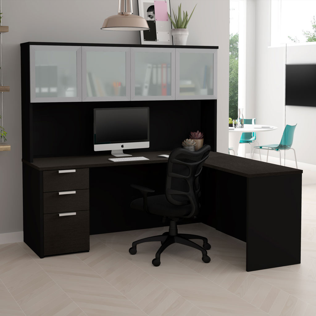 Bureau en L avec caisson et huche munie de portes en verre - Pro-Concept