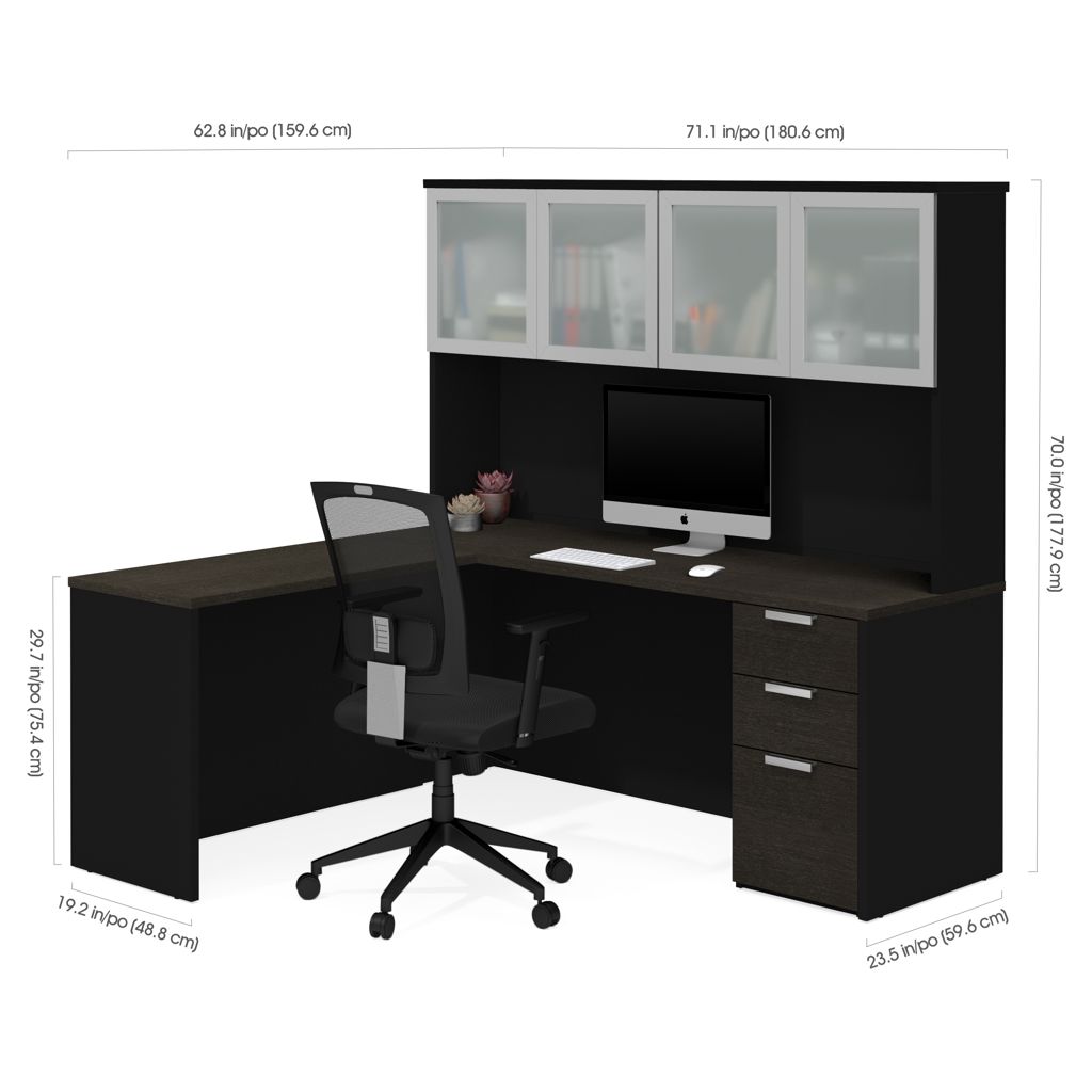 Bureau en L avec caisson et huche munie de portes en verre - Pro-Concept