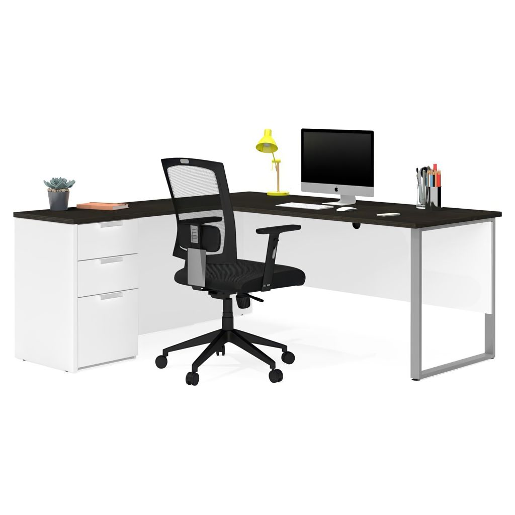 Bureau de travail en L avec caisson - Blanc & gris