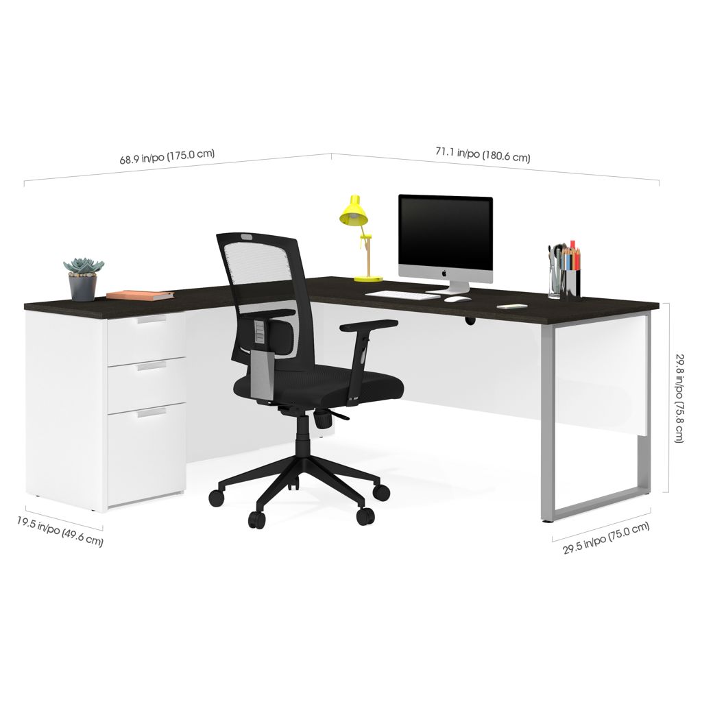 Bureau de travail en L avec caisson - Blanc & gris