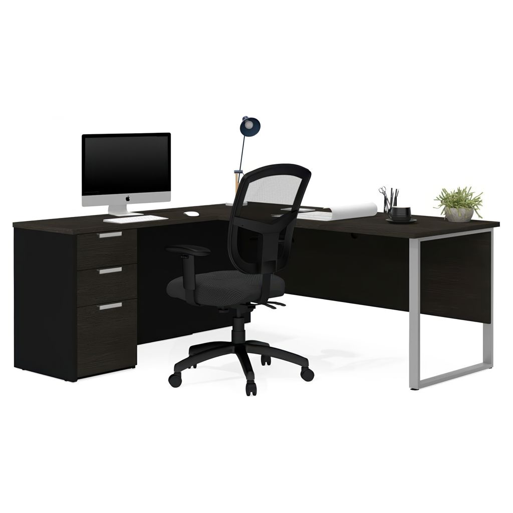 Bureau de travail en L avec caisson - Gris & Noir