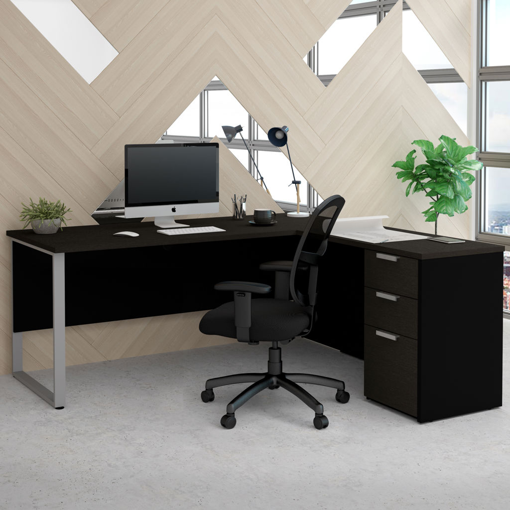 Bureau de travail en L avec caisson - Gris & Noir