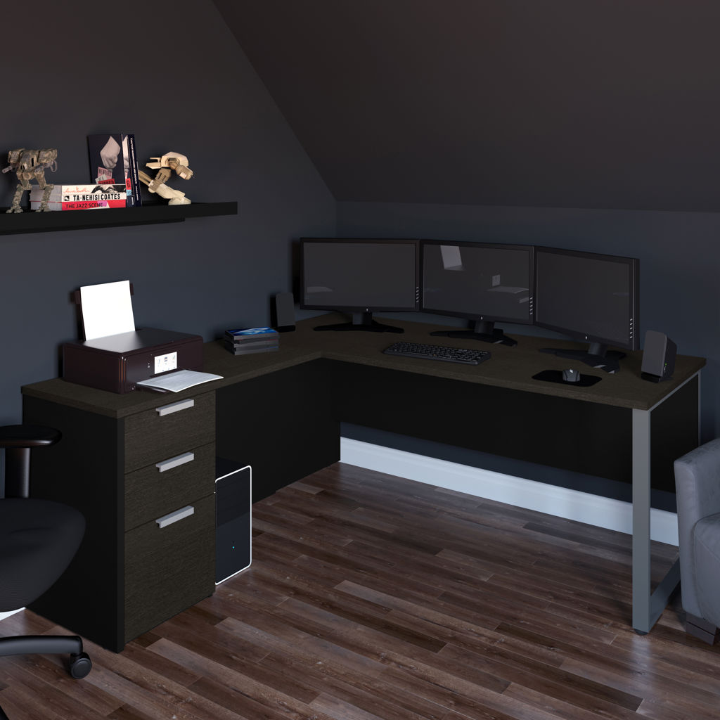 Bureau de travail en L avec caisson - Gris & Noir