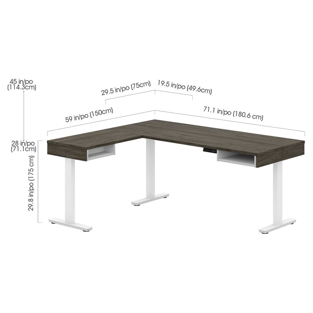 Bureau assis-debout en L - Gris boisé & blanc