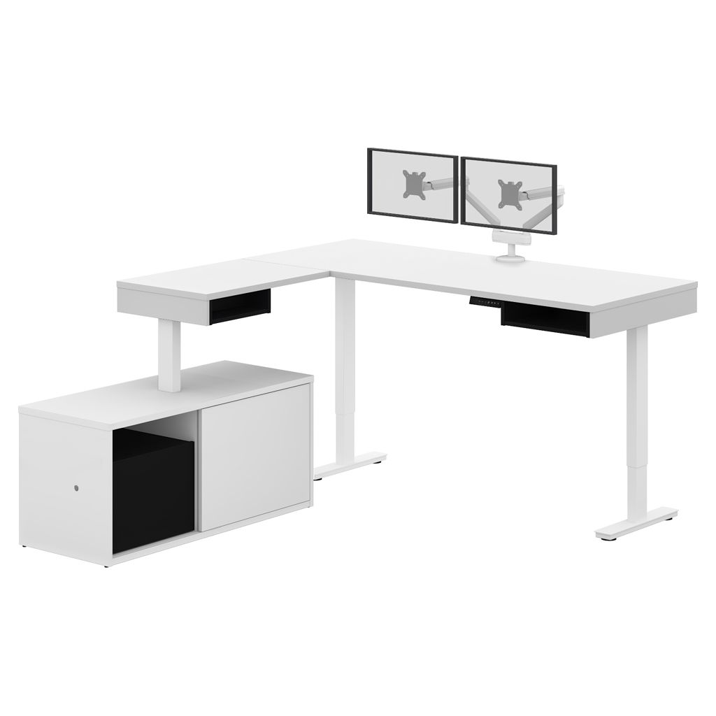 Bureau assis-debout en L avec credence, bras-support double pour moniteur