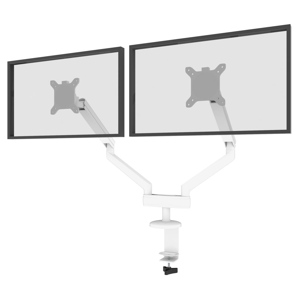 Bureau assis-debout en L avec credence, bras-support double pour moniteur