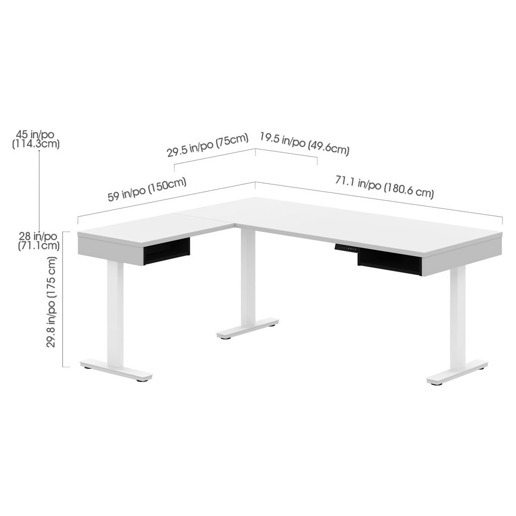 Bureau assis-debout en L avec credence, bras-support double pour moniteur