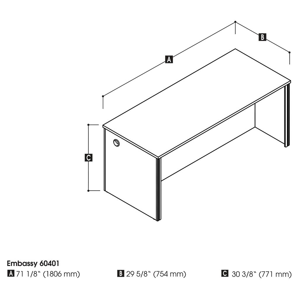 Bureau de travail sans caisson 72 po