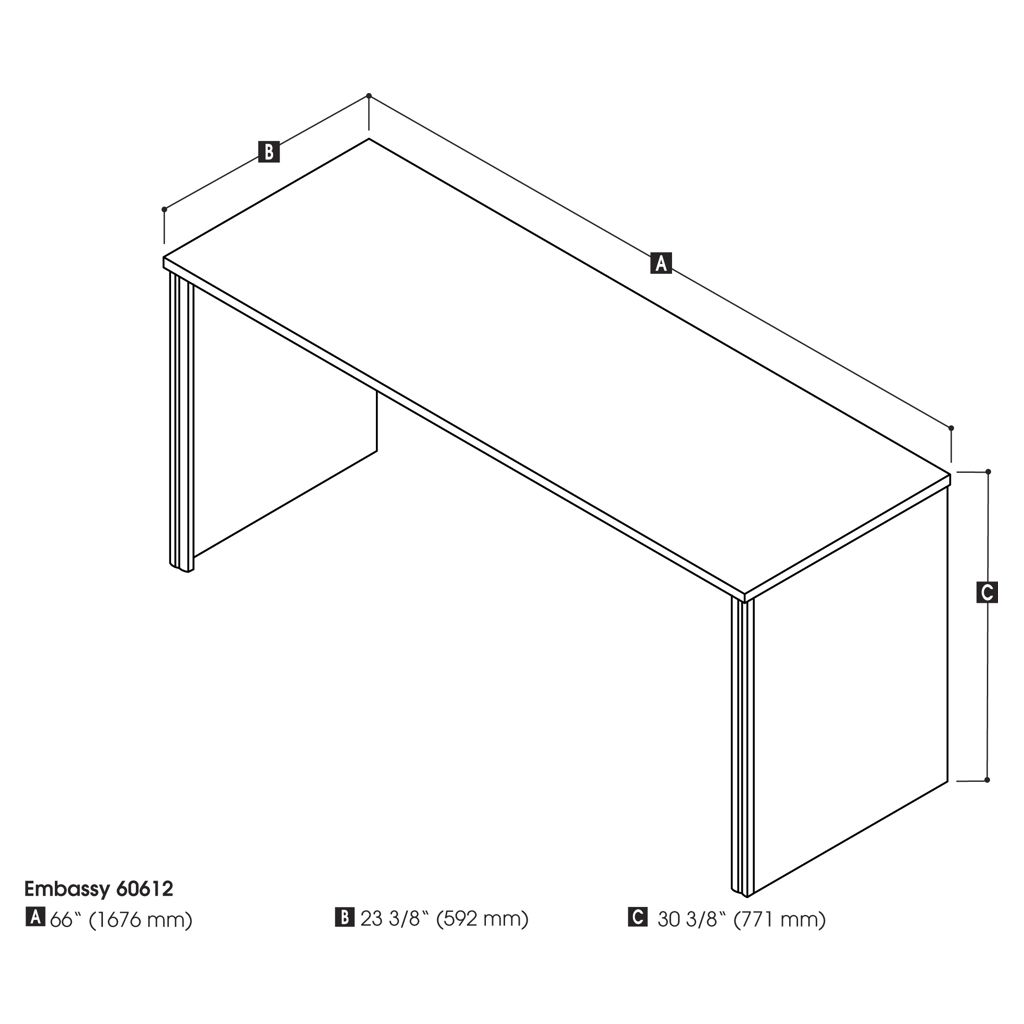 Bureau de travail étroit sans caisson 66 po