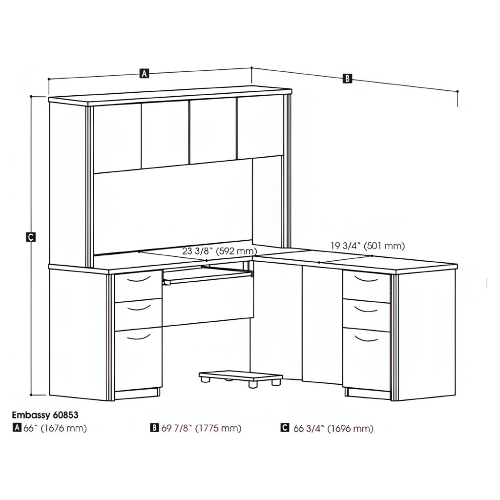 Bureau de travail en L avec deux caissons et une huche