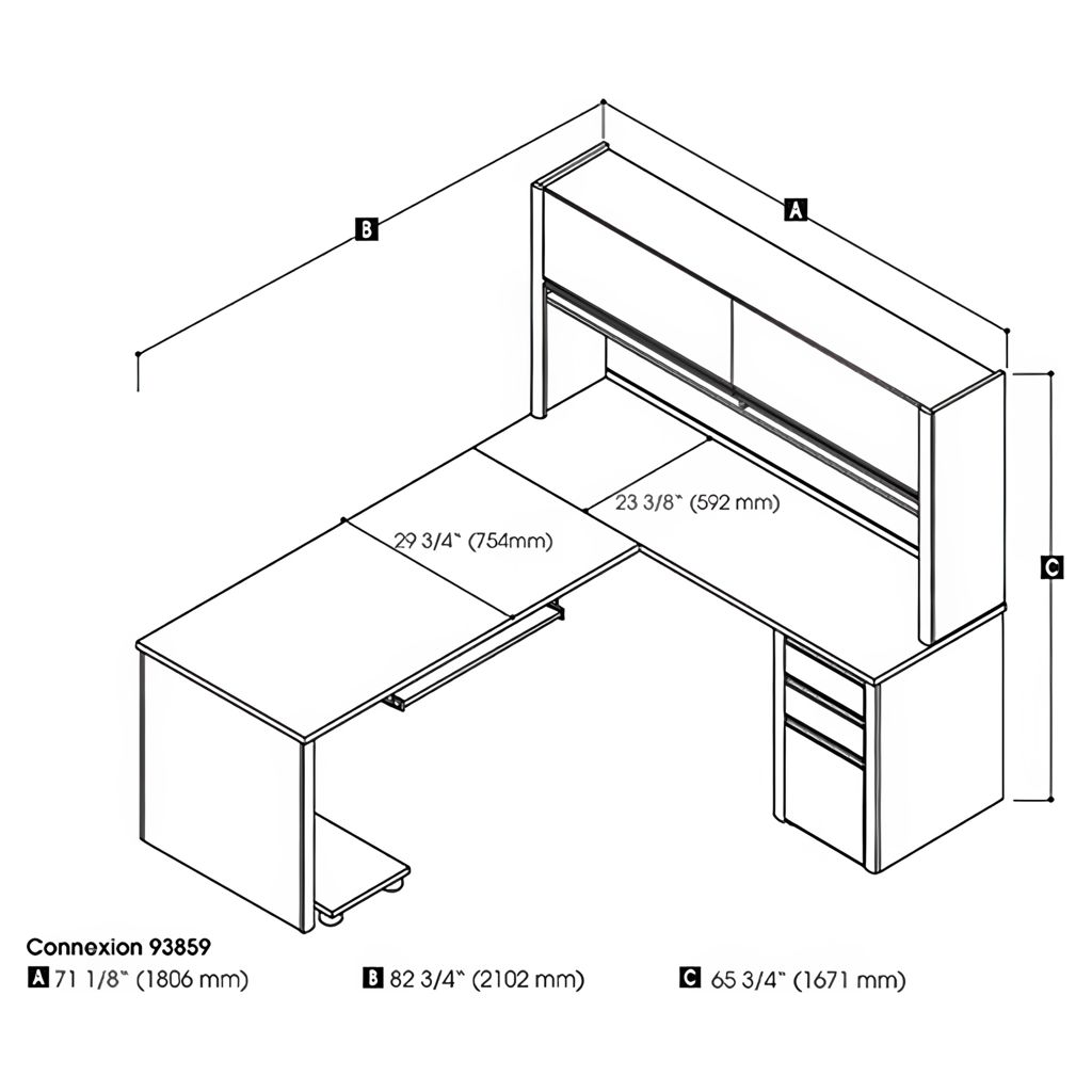 Bureau de travail en L avec caisson et huche