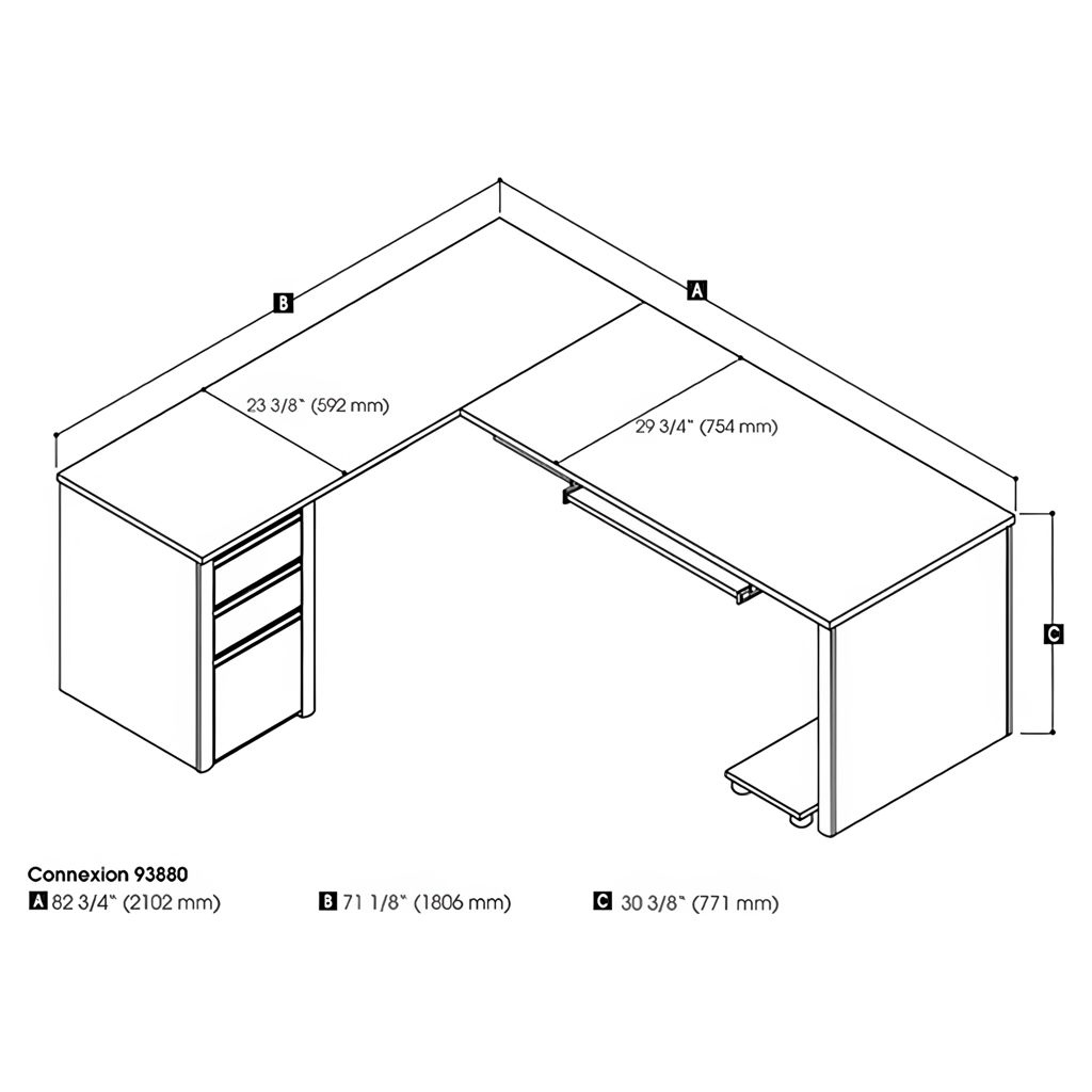 Bureau de travail en L avec caisson 72L