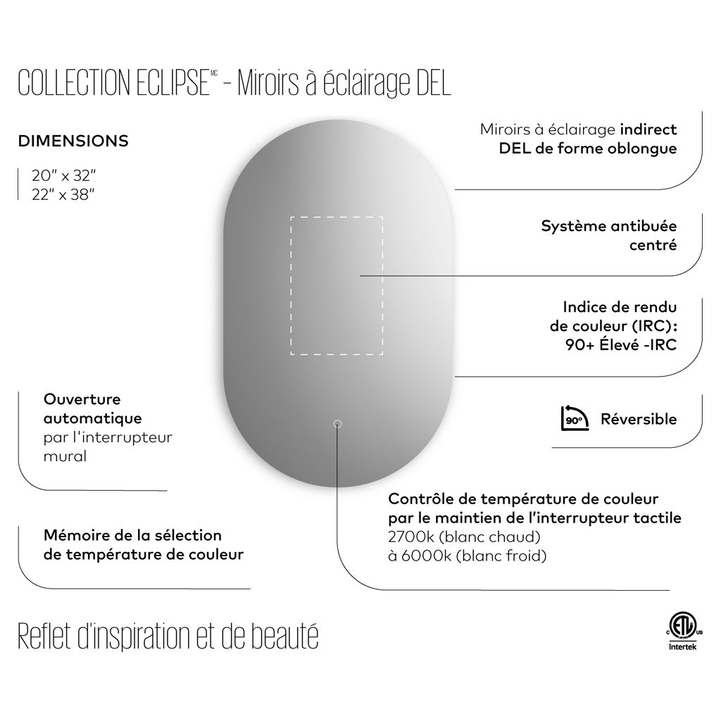 ECLIPSE Oblong Shape Backlit Mirror with LED Illumination with Touch Switch for color Temperature Control 20 x 32 x 1¾