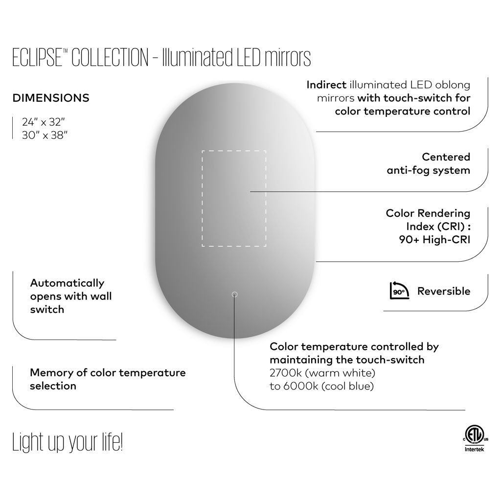 ECLIPSE Oblong Shape Backlit Mirror with LED Illumination with Touch Switch for color Temperature Control 20 x 32 x 1¾