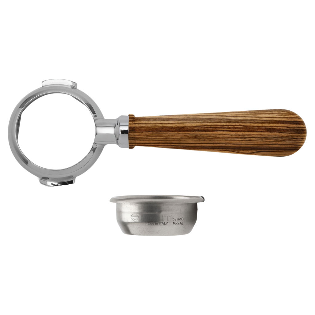 Lelit Bottomless Portafilter with Zebra Wood Handle and 18-21g Filter, 58mm - Thumbnail 3