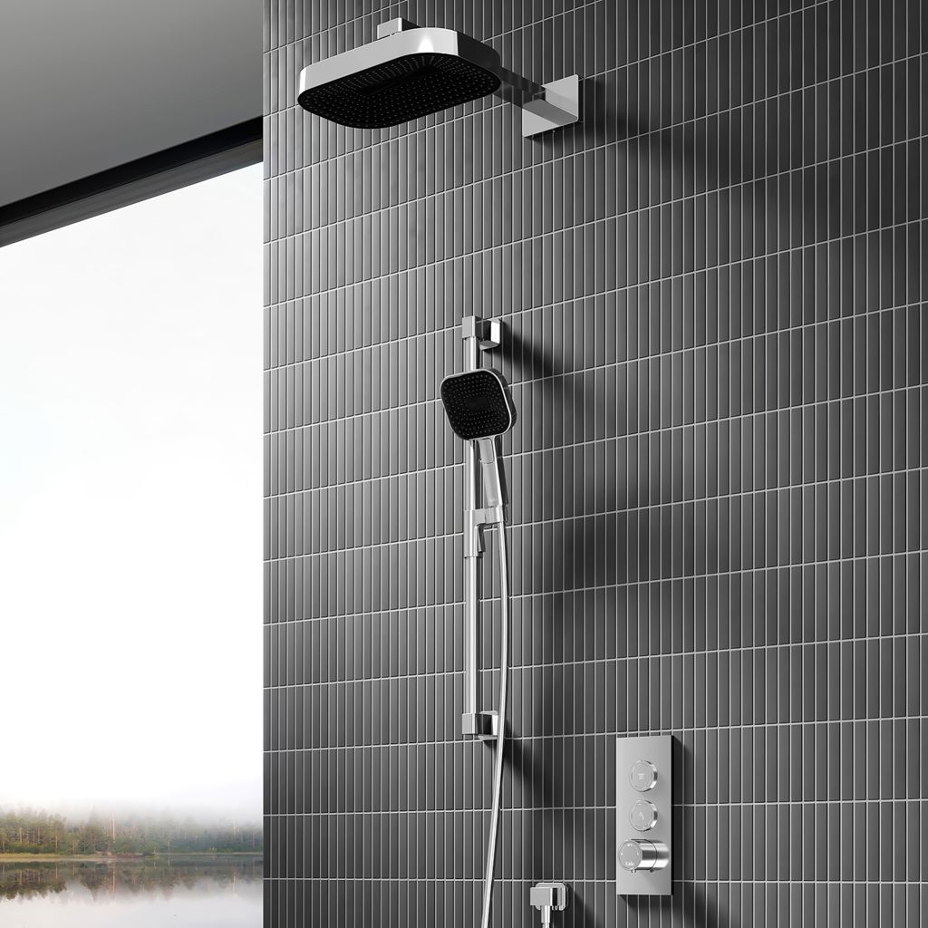 Système de douche Kareo TB2 Premia T/P Aquatonik à boutons-poussoirs avec bras mural - Chrome