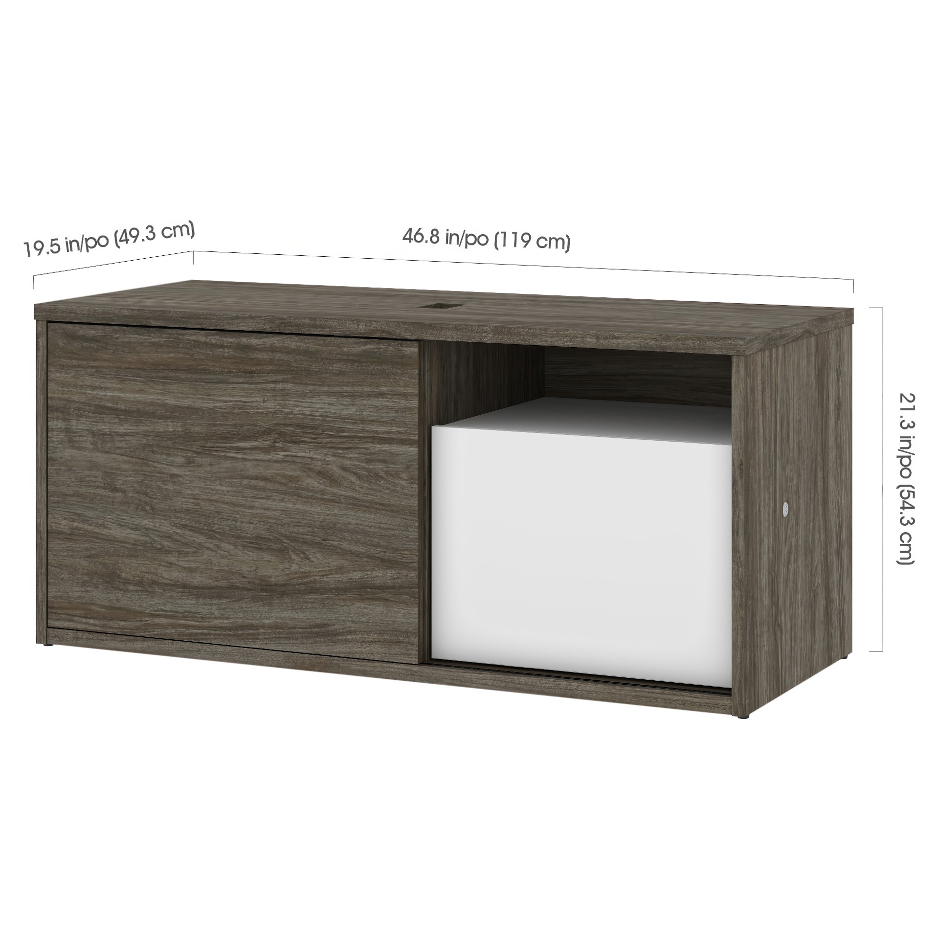 L-shaped desk with credenza, double monitor arm Bestar