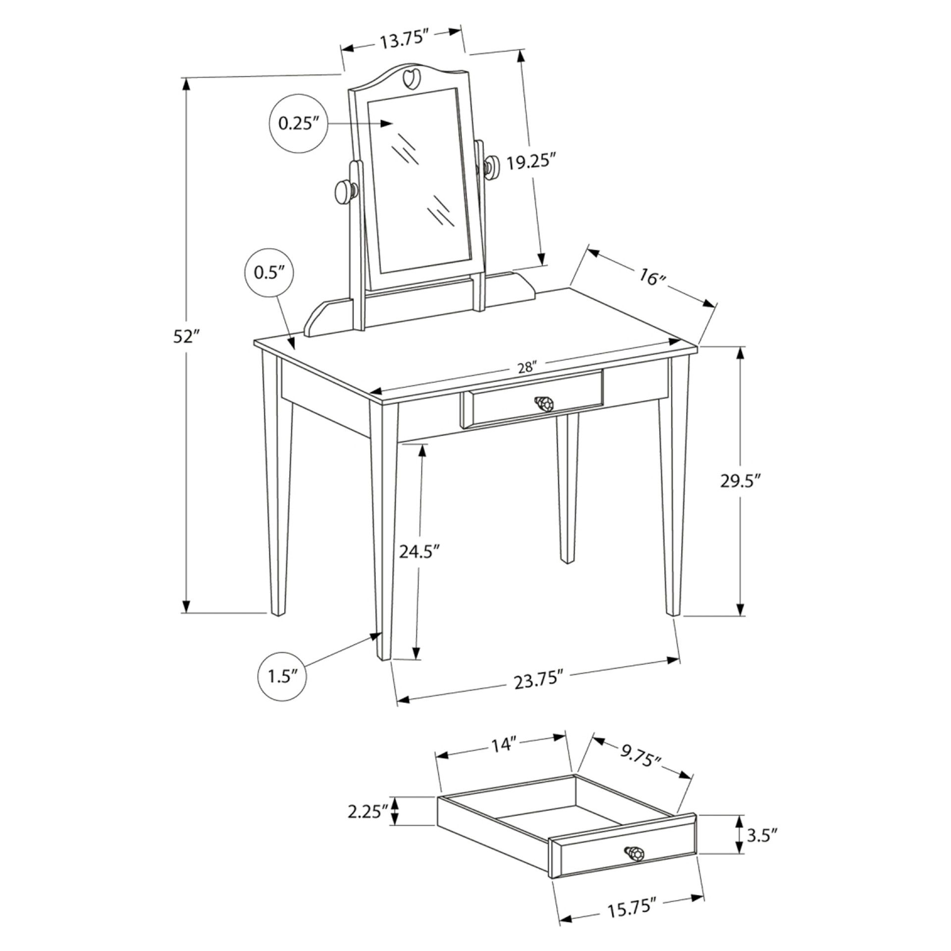 Vanité maquilleuse avec miroir rose Monarch Specialties I 3328 Tanguay
