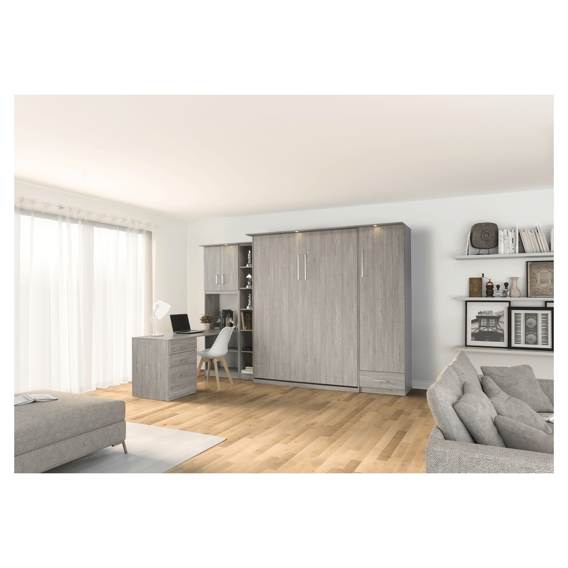 Lit escamotable queen, armoires de rangement et bureau - naturel