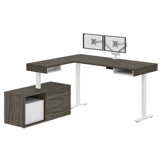 L-shaped desk with credenza, double monitor arm Bestar