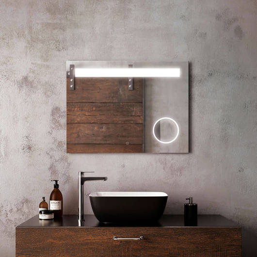 Miroir à éclairage DEL 32” x 24” Emblem avec bande givrée horizontale à l’intérieur et miroir grossissant (3X) Kalia