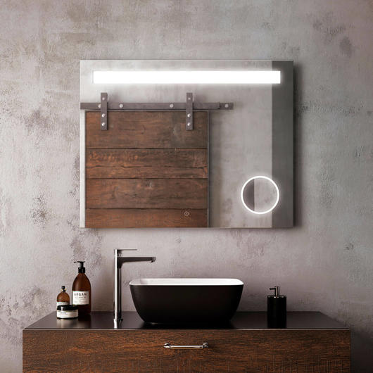 Miroir à éclairage DEL 38” x 30” Emblem avec bande givrée horizontale à l’intérieur et miroir grossissant (3X) Kalia