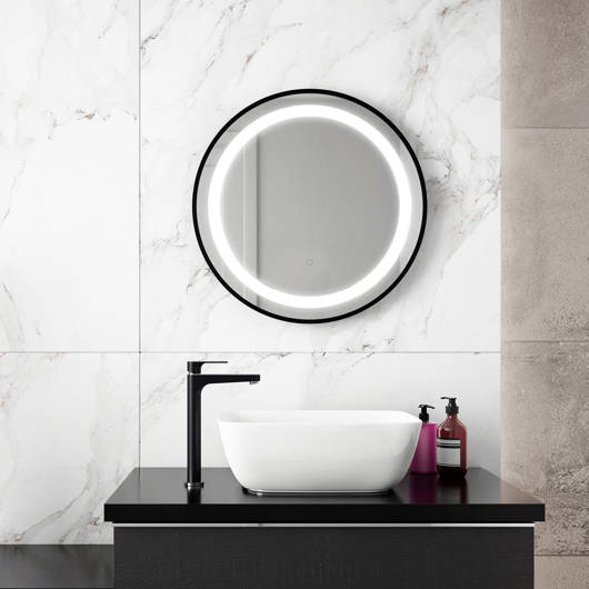Miroir à éclairage DEL 24” x 24” Effect avec bande givrée à l'intérieur, cadre noir et interrupteur tactile pour contrôle de température de couleur Kalia