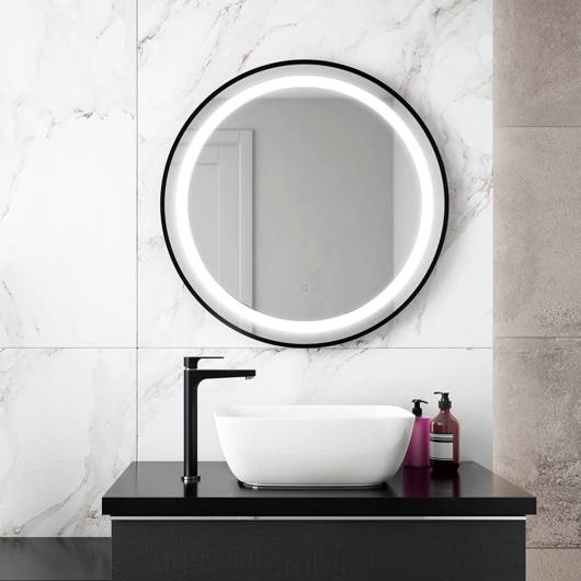 Miroir à éclairage DEL 30” x 30” Effect avec bande givrée à l'intérieur, cadre noir et interrupteur tactile pour contrôle de température de couleur Kalia
