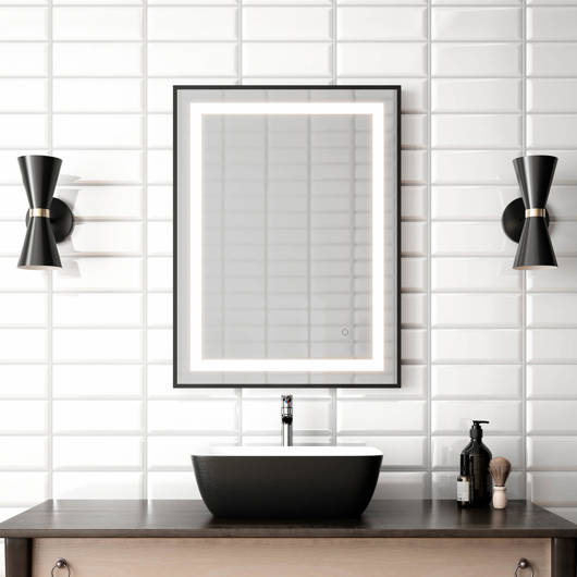 Miroir à éclairage DEL 24” x 32” Effect avec bande givrée à l'intérieur, cadre noir et interrupteur tactile pour contrôle de température de couleur Kalia